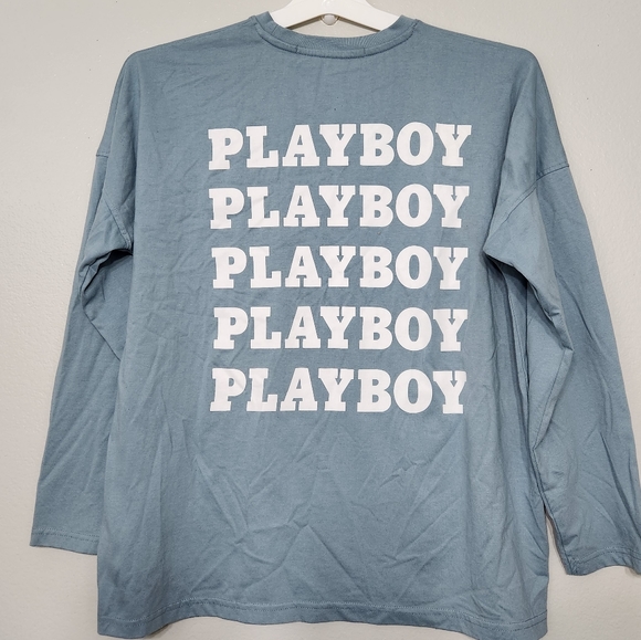 Playboy x Missguided Teal Repeat Masthead Long Sleeve Oversized T-Shirt - Picture 5 of 5